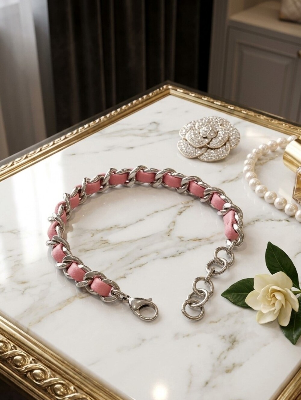 Stainless Steel Genuine Pink Leather Woven Chain Bracelet NEW